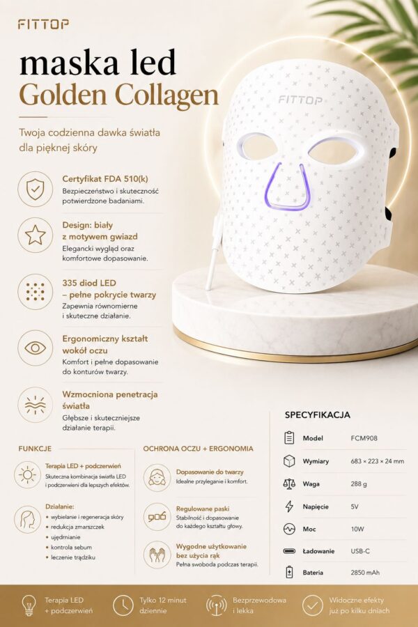 Biała FITTOP Golden Collagen LED Mask