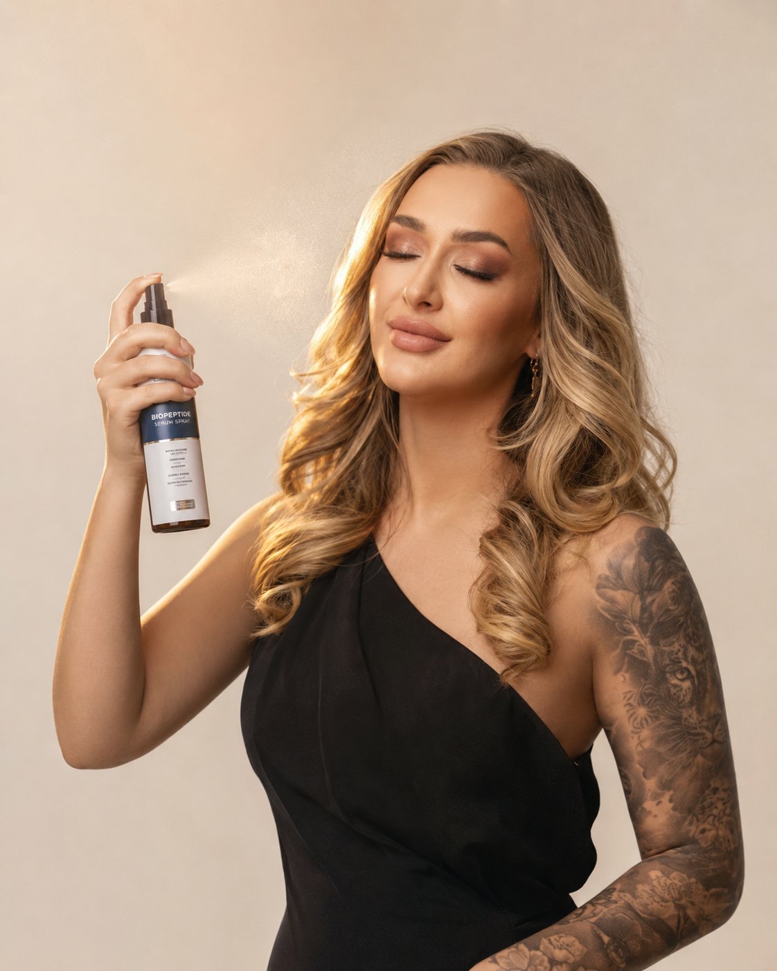 Kobieta stosująca Biopeptide Serum Spray